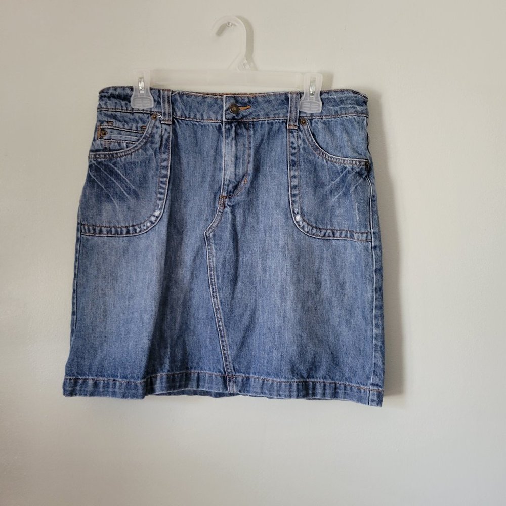 Route 66 Denim Skirt Knee Length Women's 11/12 A-Line w/ Pockets Button Closure